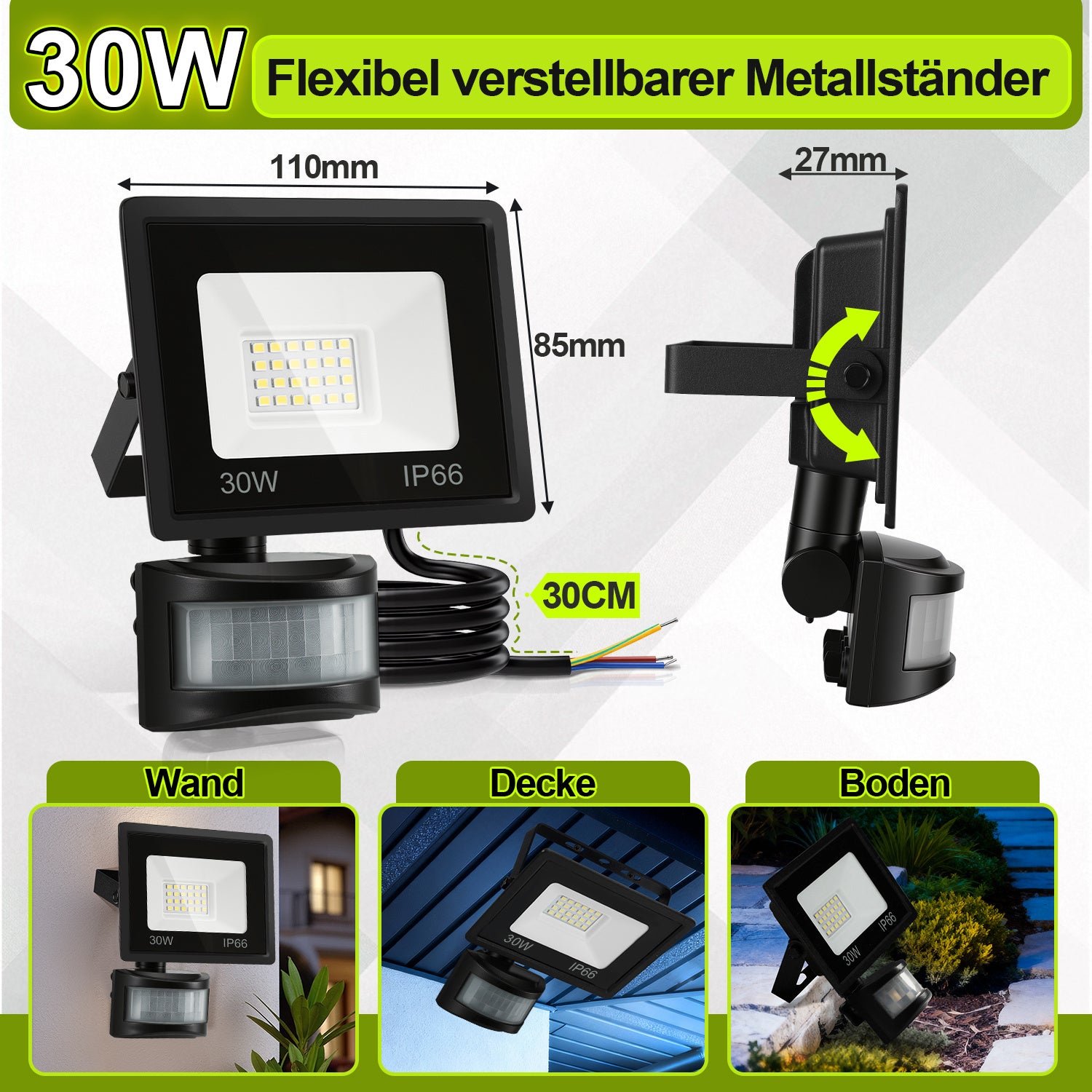 SWANEW 10-100W LED Strahler mit Bewegungsmelder, LED Fluter Kaltweiß Wandstrahler Außen IP66, Scheinwerfer, Gartenlampe, Baustrahler (kein Stecker)