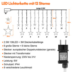 SWANEW LED Lichterkette, Warmweiß Lichterkettenvorhang, 2M 12 Sterne 138 LEDs, für Weihnachten Deko