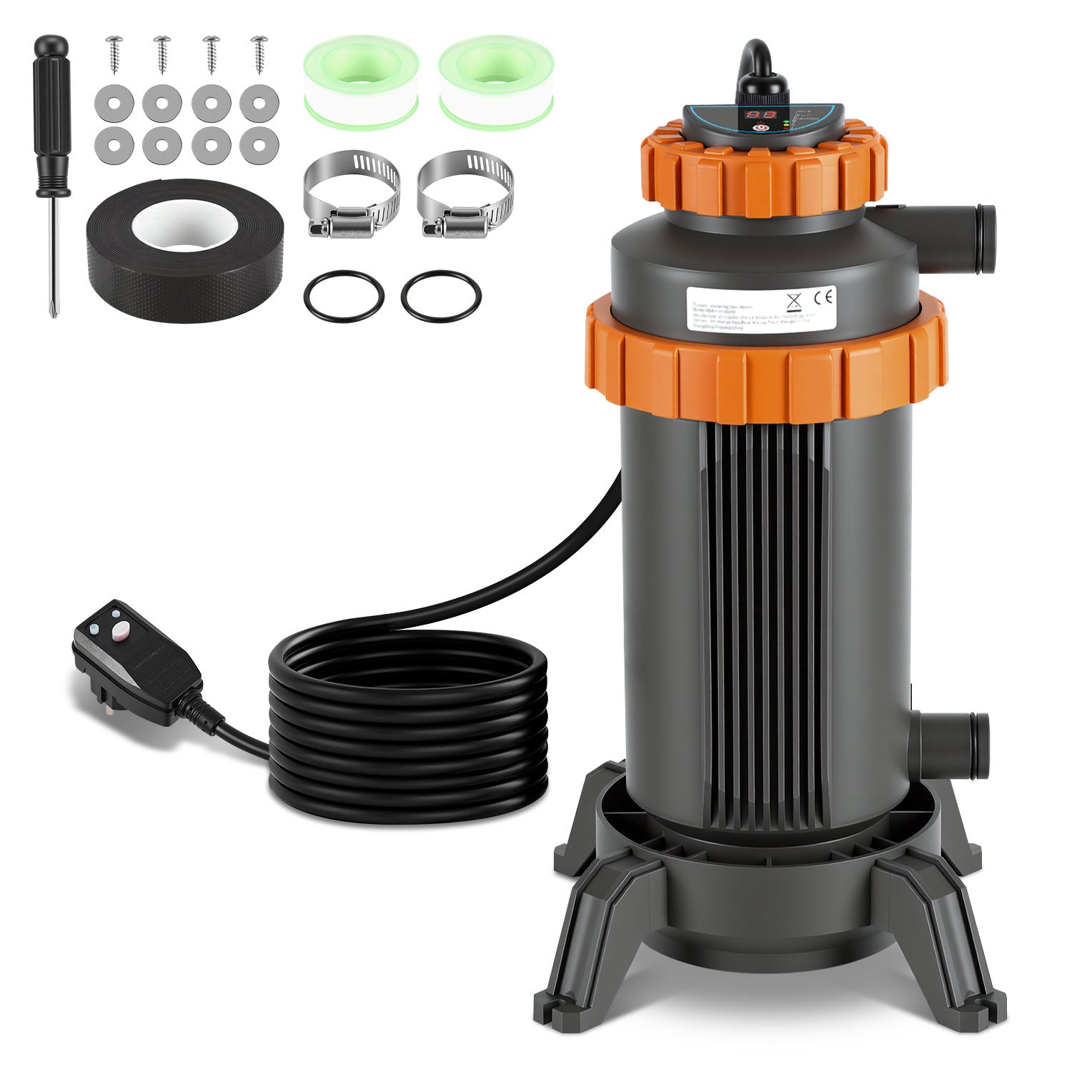 SWANEW Poolheizung Elektrisch 3KW, Heizung bis 45 °C, Ø 29 x 42 cm Pool Heizung mit Digitalanzeige, FI-Schutz, Schnittstelle 32-38 mm