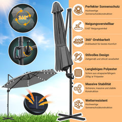 SWANEW Sonnenschirm Ampelschirm Ø 300 cm mit 28 LED, Terrassenschirm Rund Wasserdicht