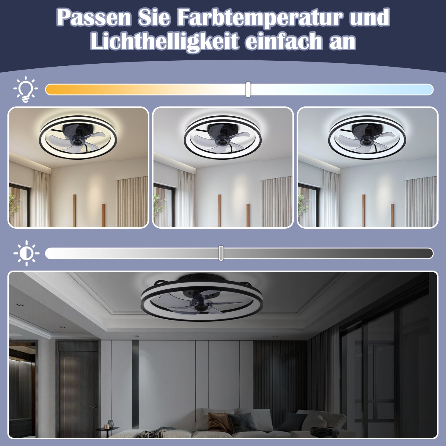SWANEW Deckenventilator Mit Beleuchtung Dimmbar Ventilator Ø50cm, Fernbedienung/APP-Steuerung, 6 Windstufen, Deckenleuchte mit Ventilator