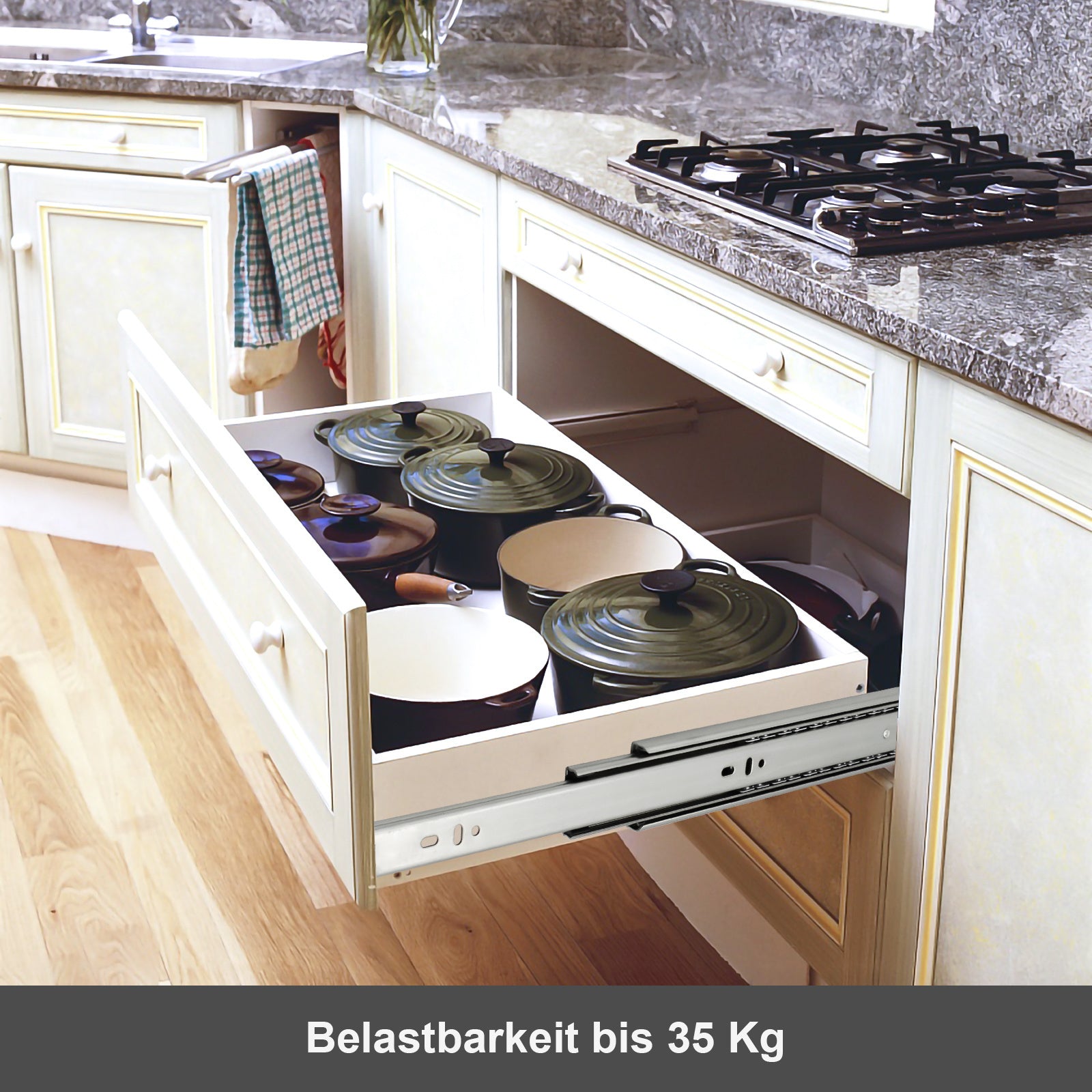 SWANEW Schubladenschienen 250 - 550 mm, Schubladen Schienensystem mit Selbsteinzug, Teleskopschiene vollauszug Schubladenauszüg, Kugelführung, Tragkraft 35 Kg