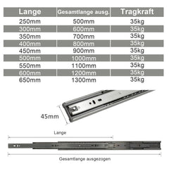 SWANEW Schubladenschienen 250 - 550 mm, Schubladen Schienensystem mit Selbsteinzug, Teleskopschiene vollauszug Schubladenauszüg, Kugelführung, Tragkraft 35 Kg