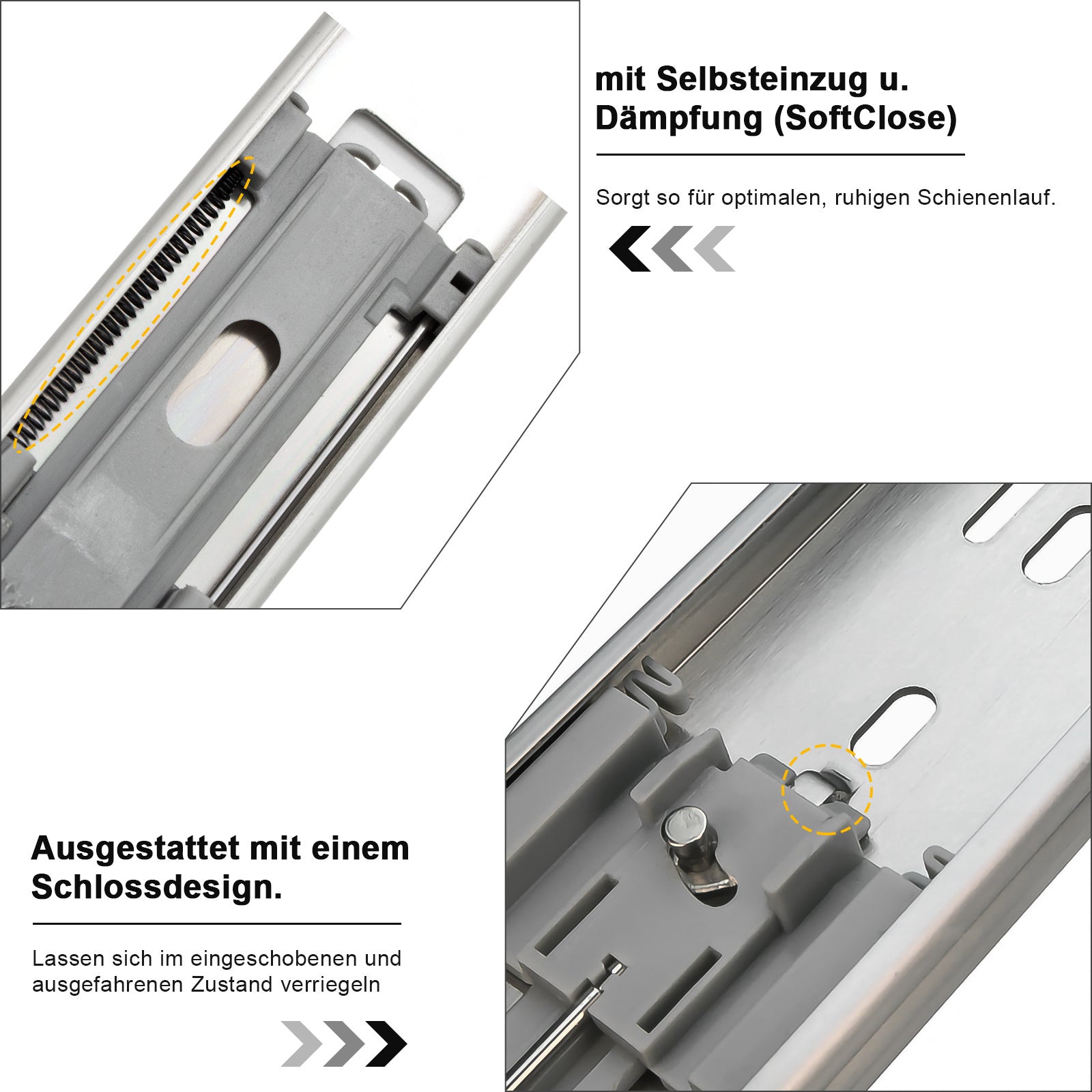 SWANEW Schubladenschienen 250 - 550 mm, Schubladen Schienensystem mit Selbsteinzug, Teleskopschiene vollauszug Schubladenauszüg, Kugelführung, Tragkraft 35 Kg