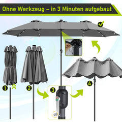 SWANEW Sonnenschirm mit Kurbel und LED Solar, Doppelsonnenschirm, ohne Ständer, UV-Schutz 50+