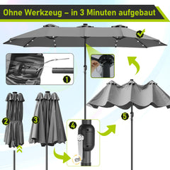 SWANEW Sonnenschirm mit Kurbel und LED Solar, Doppelsonnenschirm, ohne Ständer, UV-Schutz 50+