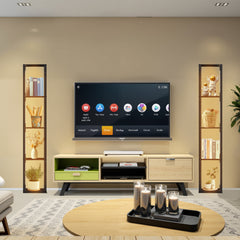 SWANEW Stehlampe mit Holzregal, Bücherregal mit LED-Beleuchtung, 360° Drehbare RGB LED Stehleuchte Wohnzimmer, 3 Farbtemperaturen, 20W & 163 cm Höhe