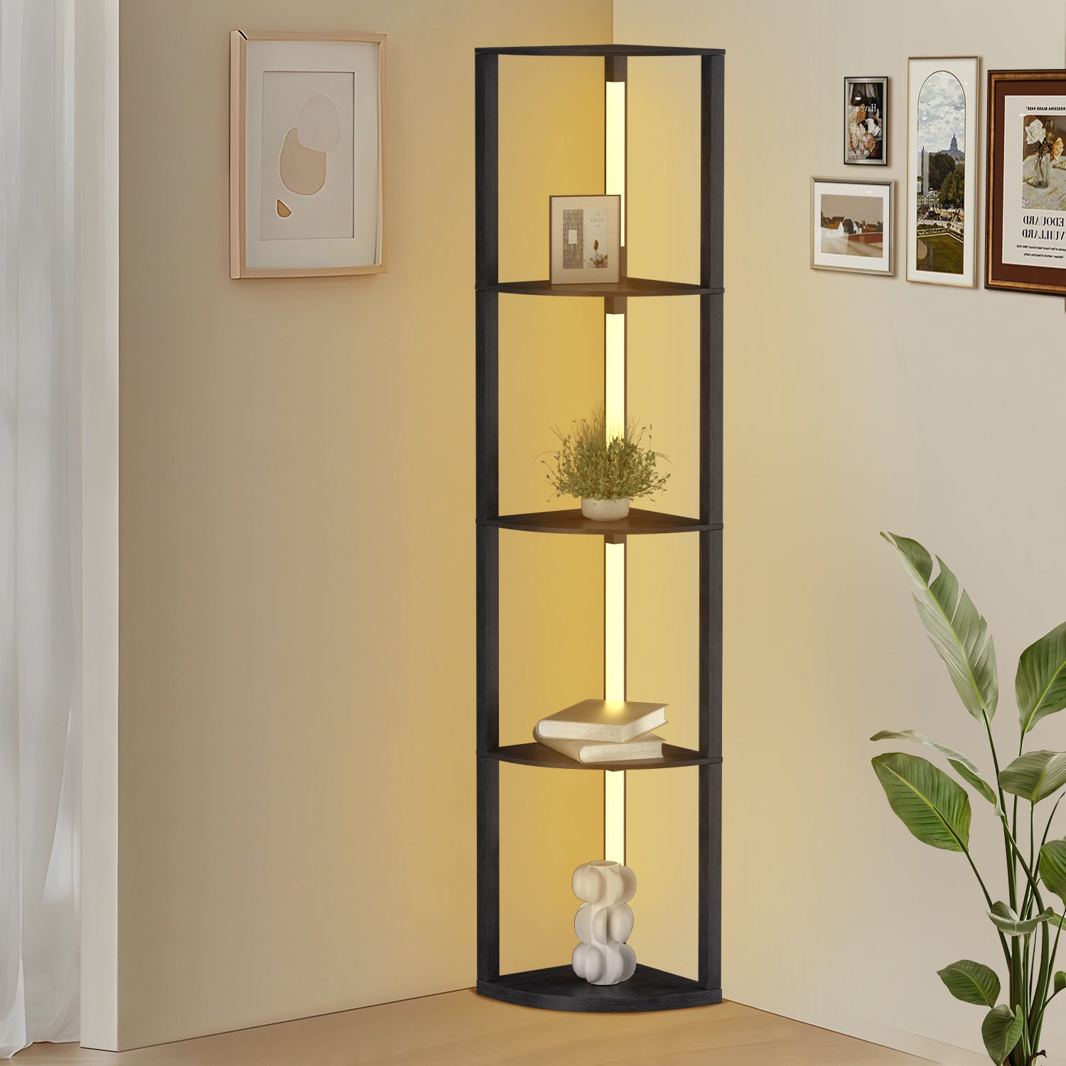 SWANEW Stehlampe mit Holzregal, Bücherregal mit LED-Beleuchtung, 360° Drehbare RGB LED Stehleuchte Wohnzimmer, 3 Farbtemperaturen, 20W & 163 cm Höhe