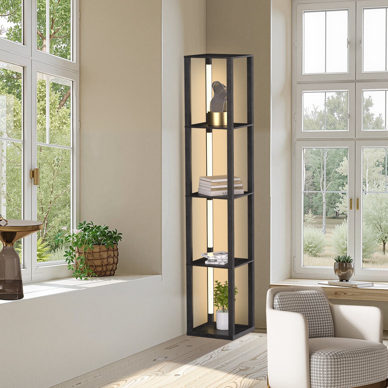 SWANEW Stehlampe mit Holzregal, Bücherregal mit LED-Beleuchtung, 360° Drehbare RGB LED Stehleuchte Wohnzimmer, 3 Farbtemperaturen, 20W & 163 cm Höhe