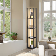 SWANEW Stehlampe mit Holzregal, Bücherregal mit LED-Beleuchtung, 360° Drehbare RGB LED Stehleuchte Wohnzimmer, 3 Farbtemperaturen, 20W & 163 cm Höhe