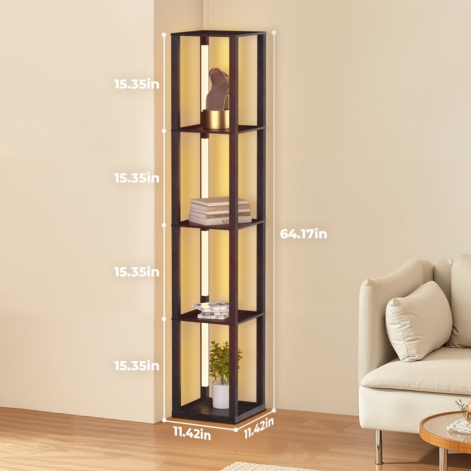 SWANEW Stehlampe mit Holzregal, Bücherregal mit LED-Beleuchtung, 360° Drehbare RGB LED Stehleuchte Wohnzimmer, 3 Farbtemperaturen, 20W & 163 cm Höhe