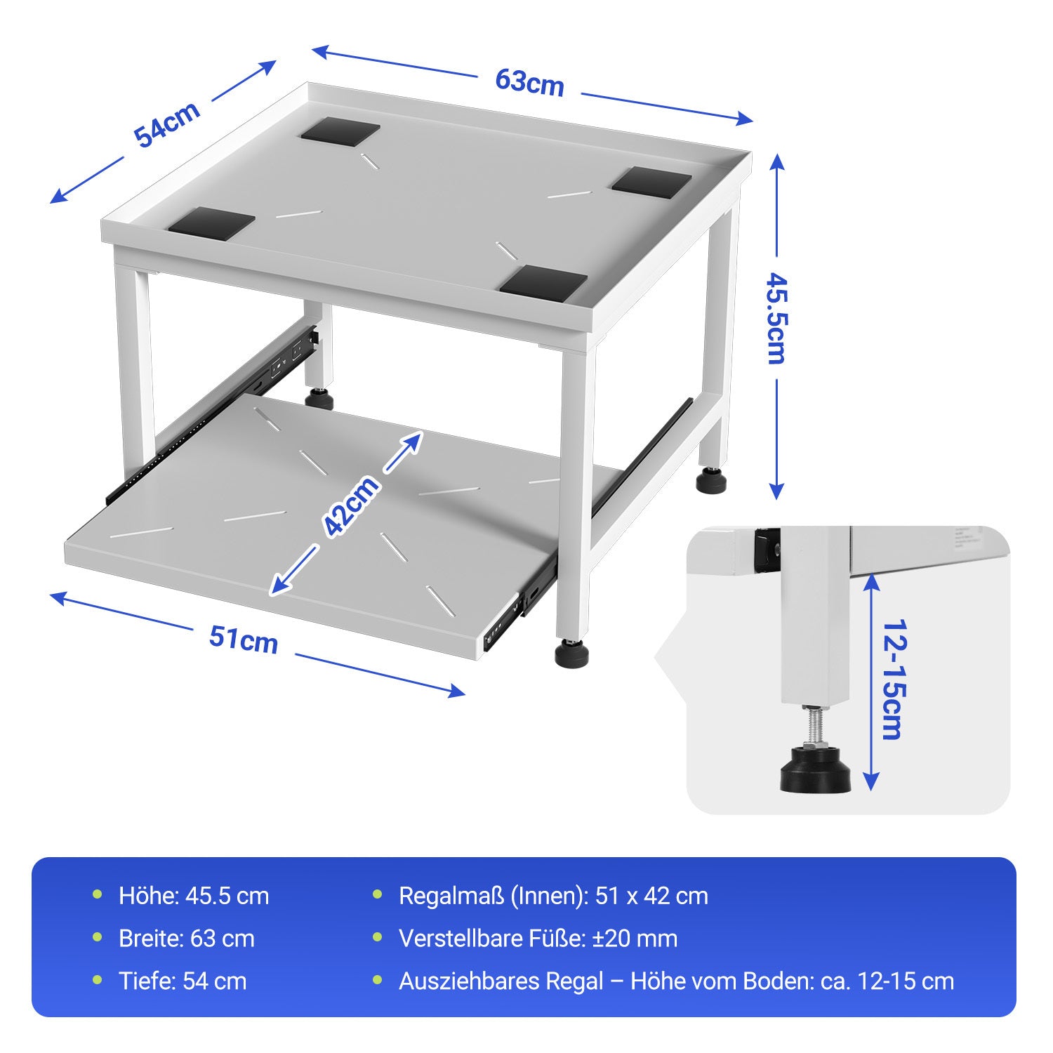 SWANEW Waschmaschinen Untergestell 45,5 cm, mit Schublade, Verstellbares Podest für Waschmaschine, Trockner, bis 200 kg tragfähig