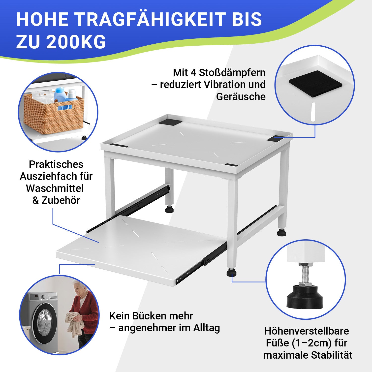 SWANEW Waschmaschinen Untergestell 45,5 cm, mit Schublade, Verstellbares Podest für Waschmaschine, Trockner, bis 200 kg tragfähig