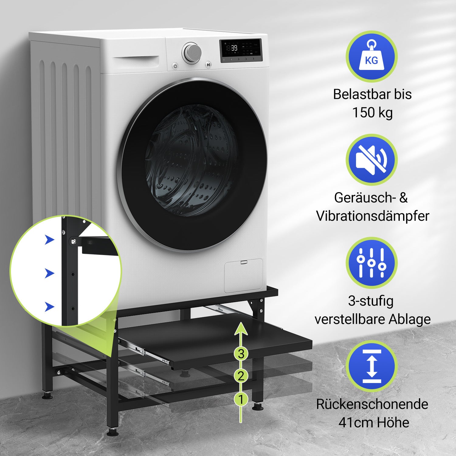 SWANEW Waschmaschinen Untergestell mit Ausziehbarem Regal, 3 höhenverstellbar Waschmaschinen Sockel, 150kg Tragfähigkeit Podest für Trockner, Kühlschrank