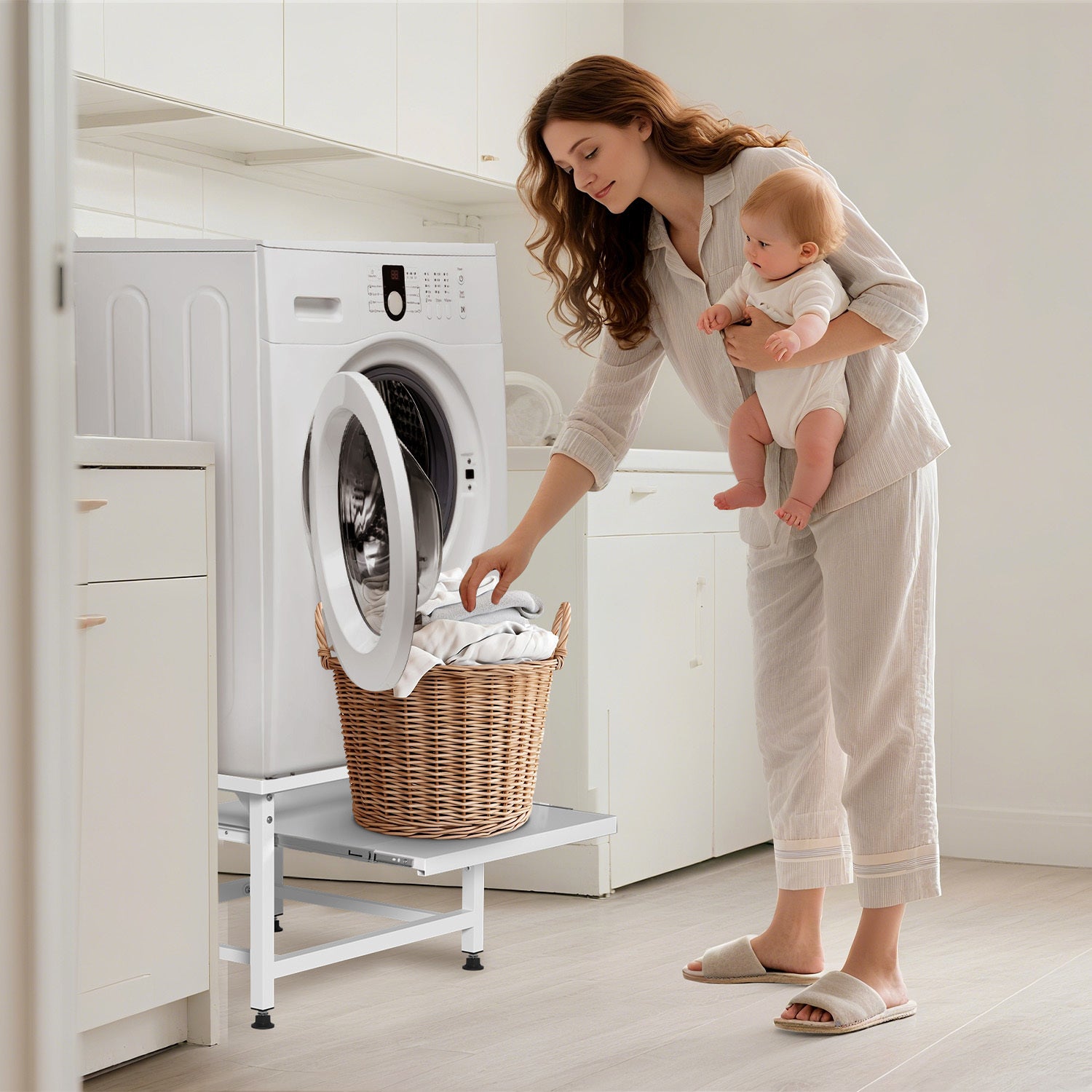 SWANEW Waschmaschinen Untergestell mit Ausziehbarem Regal, 3 höhenverstellbar Waschmaschinen Sockel, 150kg Tragfähigkeit Podest für Trockner, Kühlschrank