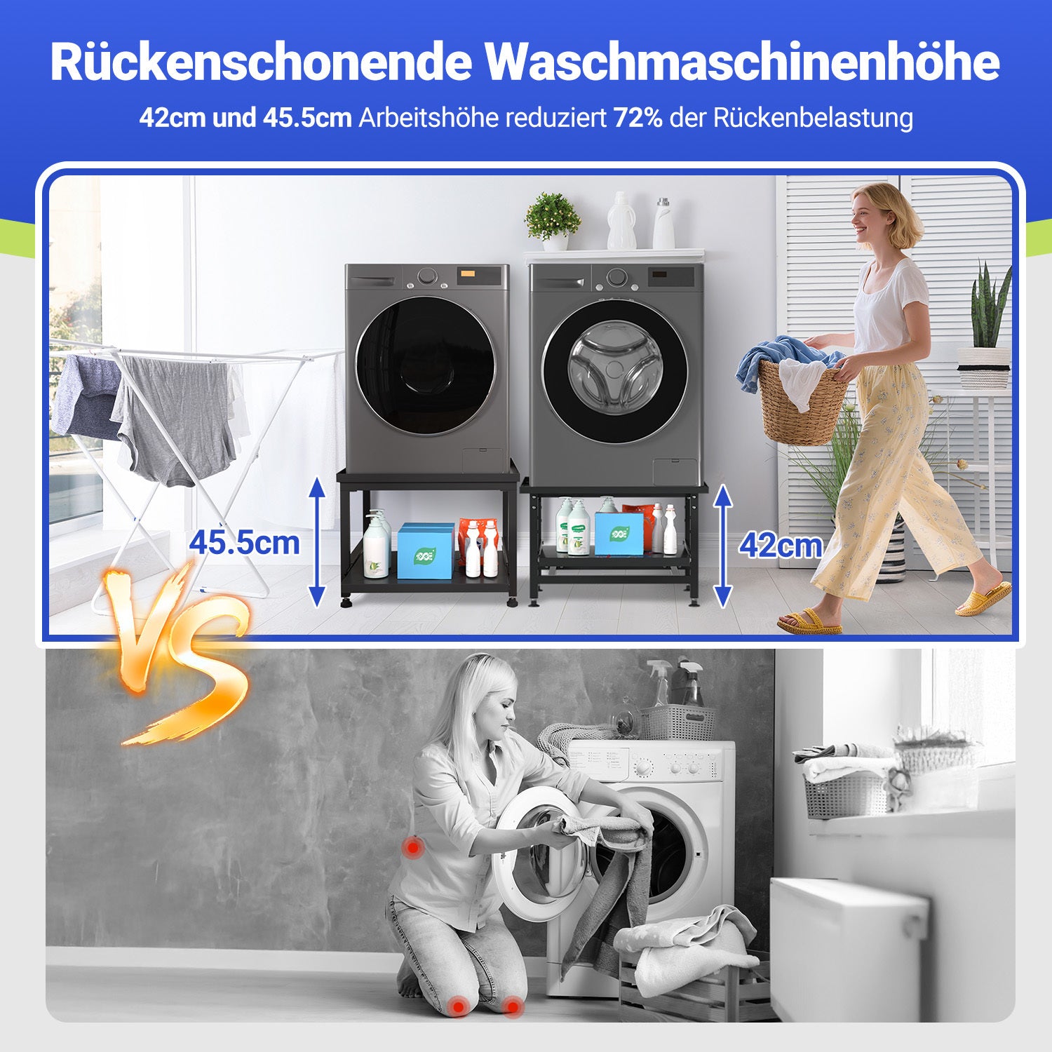 SWANEW Waschmaschinen Untergestell mit Ausziehbarem Regal, 3 höhenverstellbar Waschmaschinen Sockel, 150kg Tragfähigkeit Podest für Trockner, Kühlschrank