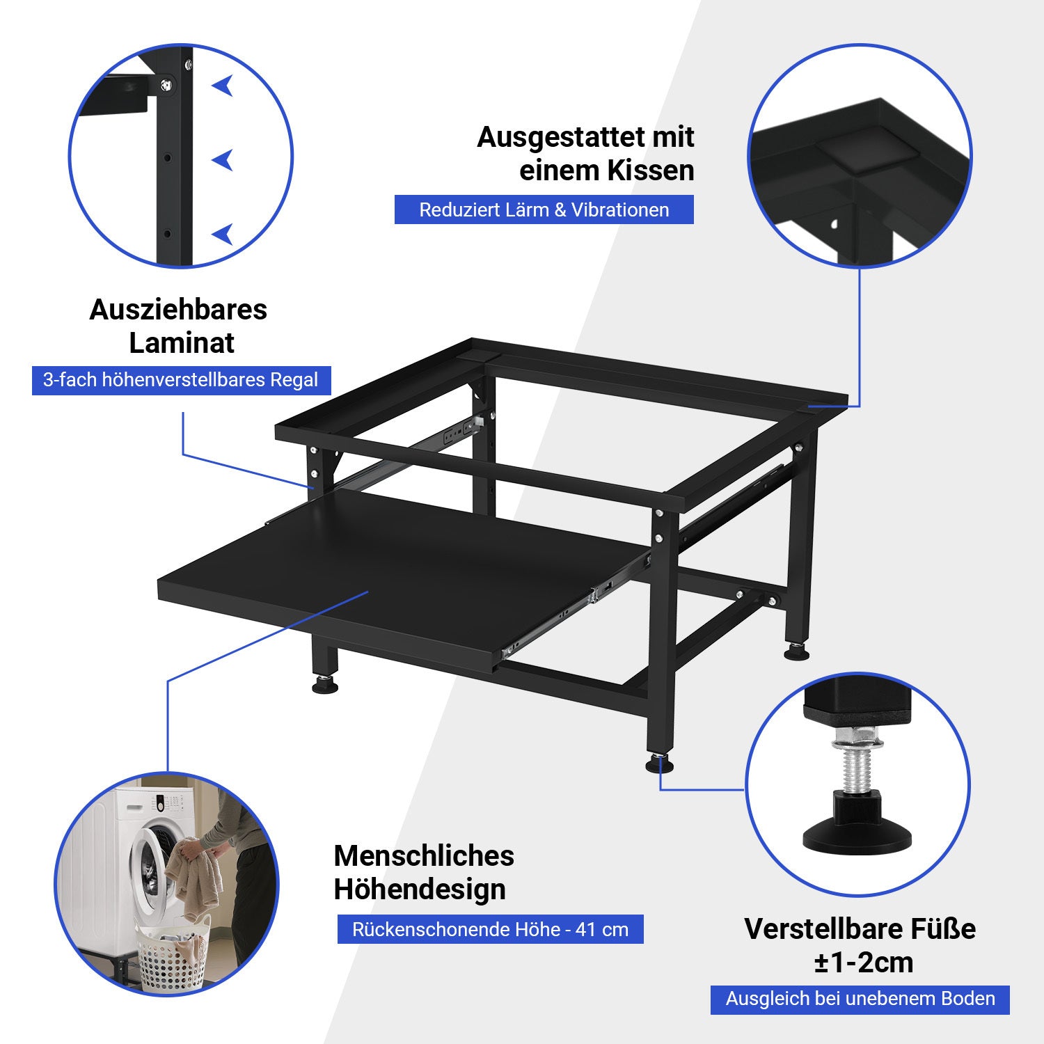 SWANEW Waschmaschinen Untergestell mit Ausziehbarem Regal, 3 höhenverstellbar Waschmaschinen Sockel, 150kg Tragfähigkeit Podest für Trockner, Kühlschrank
