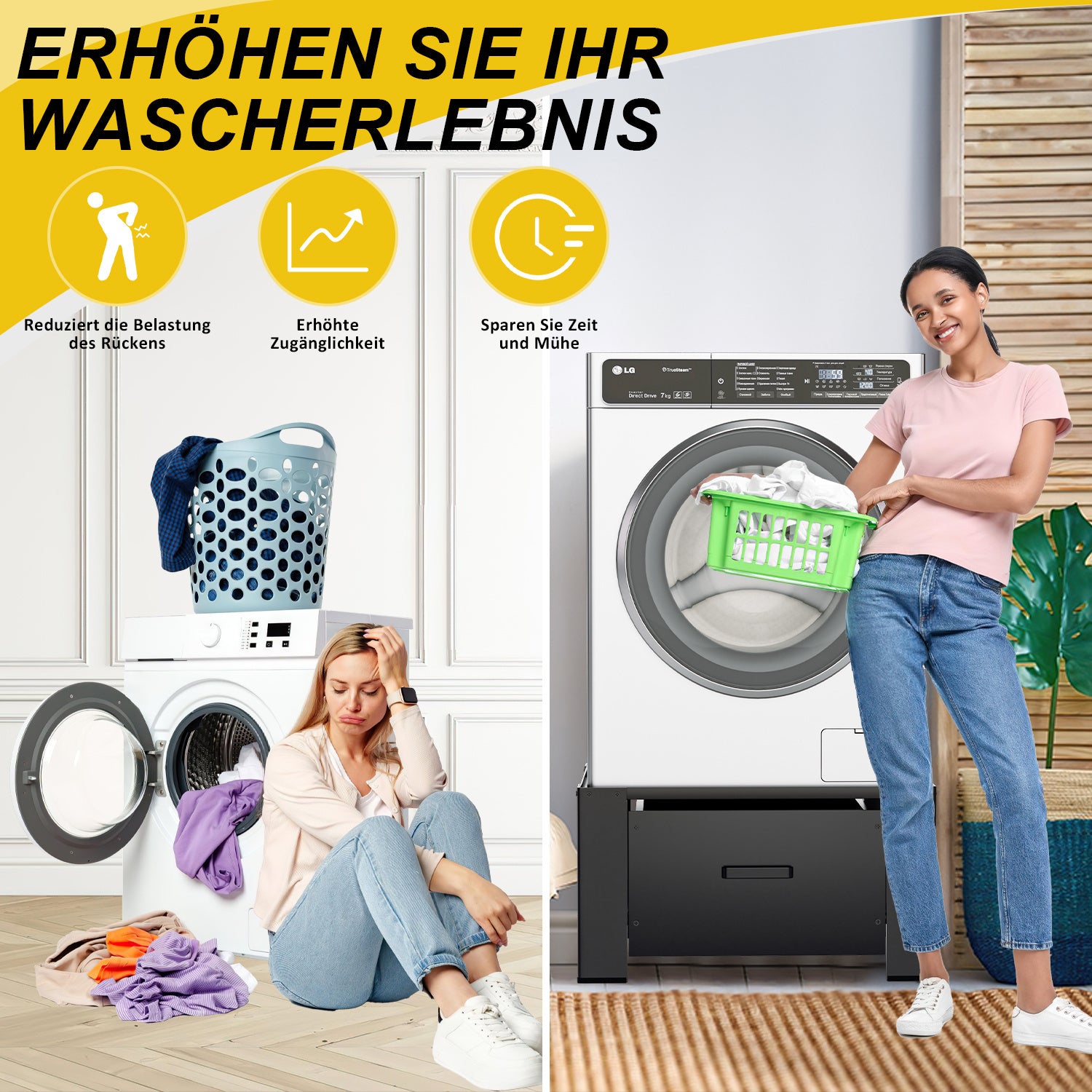 SWANEW Waschmaschinen Untergestell mit Schublade, Schwarz Verstellbares Podest für Trommelwäschetrockner und Gefrierschrank Rahmen
