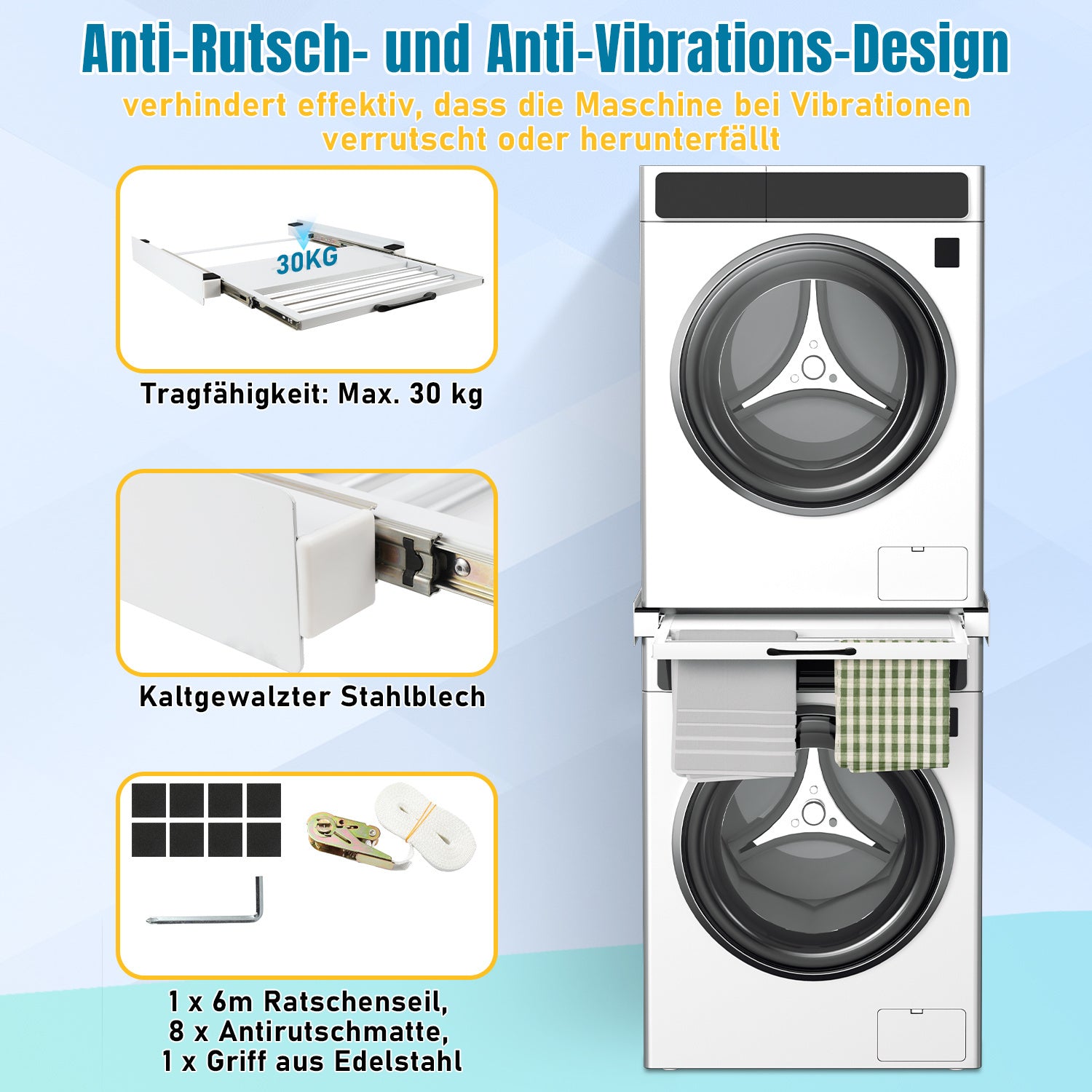 SWANEW Zwischenbaurahmen mit Ausziehplatte, Universell Verbindungsrahmen für Waschmaschine und Trockner, Stapelset mit Handtuchhalter