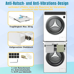 SWANEW Zwischenbaurahmen mit Ausziehplatte, Universell Verbindungsrahmen für Waschmaschine und Trockner, Stapelset mit Handtuchhalter