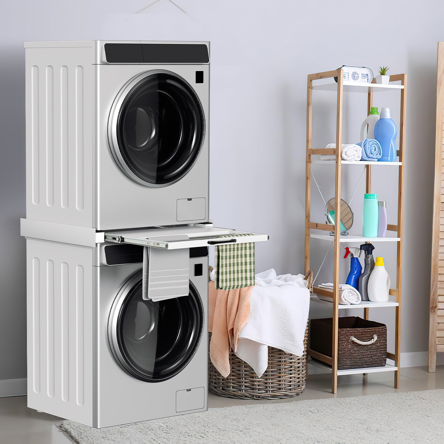 SWANEW Zwischenbaurahmen mit Ausziehplatte, Universell Verbindungsrahmen für Waschmaschine und Trockner, Stapelset mit Handtuchhalter