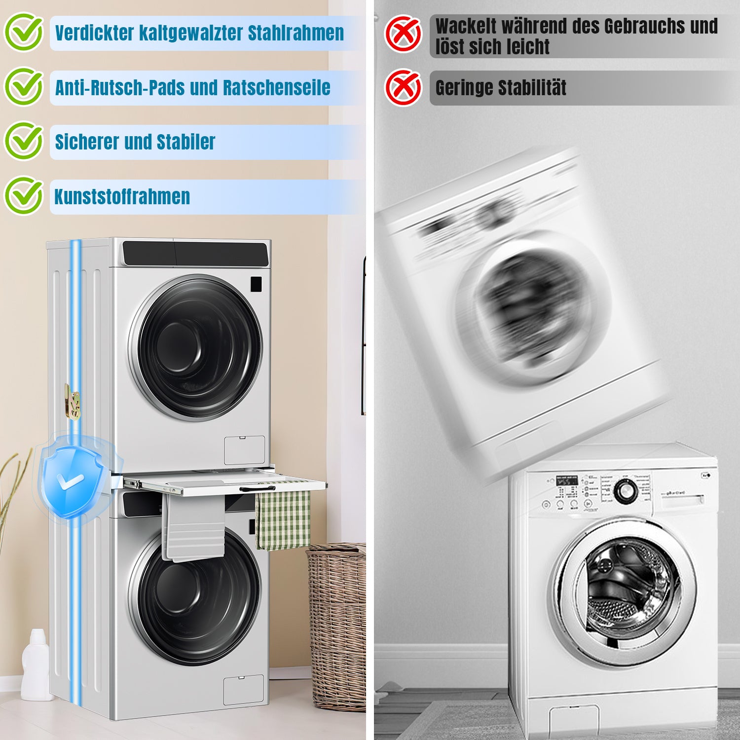 SWANEW Zwischenbaurahmen mit Ausziehplatte, Universell Verbindungsrahmen für Waschmaschine und Trockner, Stapelset mit Handtuchhalter