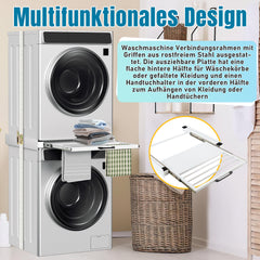 SWANEW Zwischenbaurahmen mit Ausziehplatte, Universell Verbindungsrahmen für Waschmaschine und Trockner, Stapelset mit Handtuchhalter