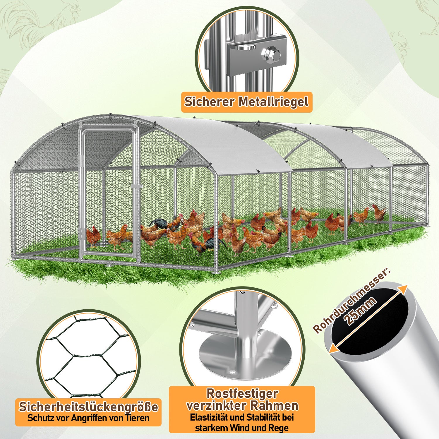 Hühnerstall Freilaufgehege 3x8x2m Kuppel Dach