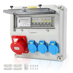 SWANEW Wandverteiler, Baustromverteiler 3x16A 230V, 1x CEE+32A 5 polig Steckdosen mit MCB Leitungsschutzschalter, 3-Phasen Stromverteiler IP44 Mit Sicherheitsklappdeckeln