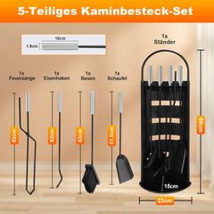 SWANEW Kaminbesteck 5-tlg. Ofenbesteck Kaminset, mit Edelstahlgriffe und Leichentuch