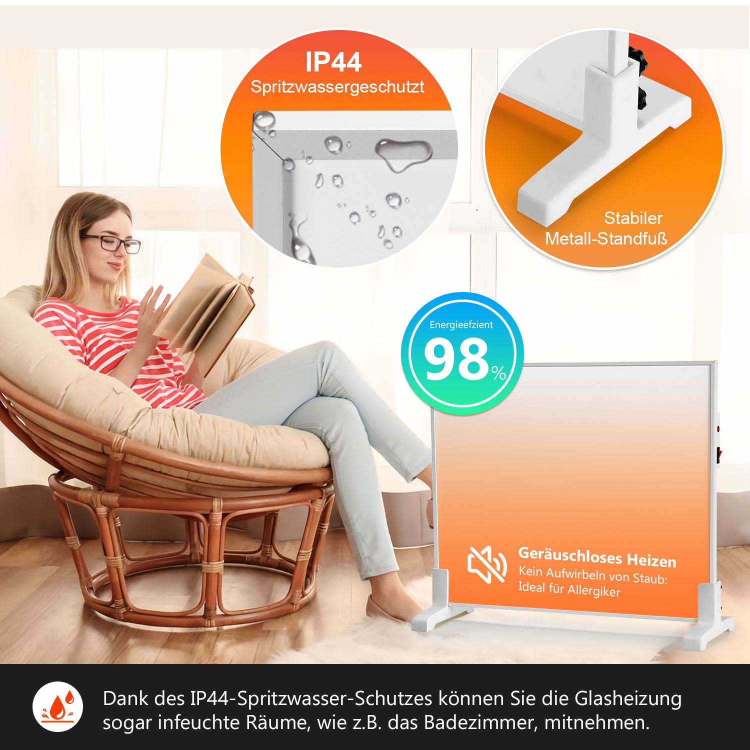 SWANEW Infrarotheizung 300W-1200W mit Thermostat, Infrarot Wandheizung mit Überhitzungsschutz, Wandheizung Elektrisch, Mobile & Energiesparend