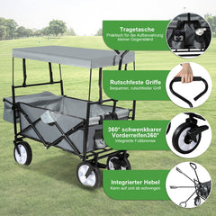 Bollerwagen Faltbar mit Dach 360 Grad drehbaren Rädern, 96 L Handwagen mit Verstellbarem Griff mit Herausnehmbare Plane, Strandwagen Gartenwagen Transportwagen Bollerwagen Kinder 100KG Tragkraft