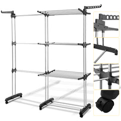 SWANEW Wäscheständer Turm,wäscheständer ausziehbar Länge 75-150cm, platzsparend, 4 Etagen mit 2 klappbaren Flügeln, 360°drehbare Rollen, Wäscheturm