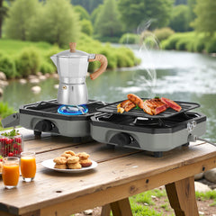 SWANEW Campingkocher 2 flammig Faltbarer Gas 4.6kw 2in1 Outdoor Gaskocher