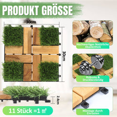 SWANEW Holzfliesen aus Akazien Holz, Balkonfliesen mit Künstlichem Gras, Dekorationsbodenmatte