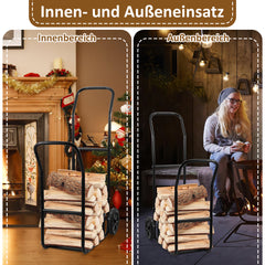 SWANEW Brennholzwagen, max. 80 kg, Kaminholzständer Kaminzubehör mit Rollen Holztransportwagen Brennholzständer, Schwarz 70x42x109cm