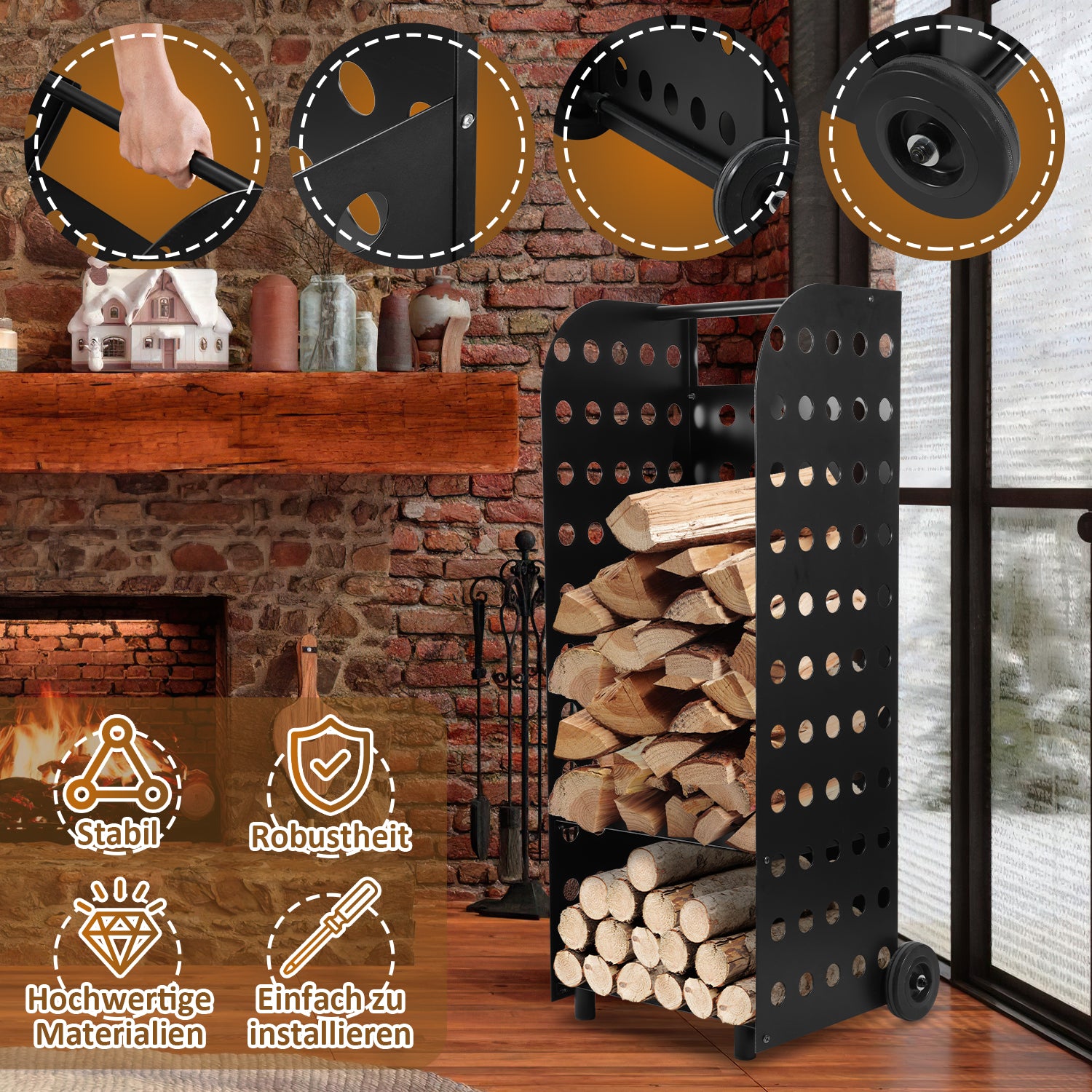SWANEW Kaminholzwagen Brennholzwagen Kaminholzständer Trolley,Kaminzubehör Holzkarre 60kg, Mit Lochplatte, 42x35x112cm