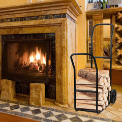 SWANEW Brennholzwagen, max. 80 kg, Kaminholzständer Kaminzubehör mit Rollen Holztransportwagen Brennholzständer, Schwarz 70x42x109cm