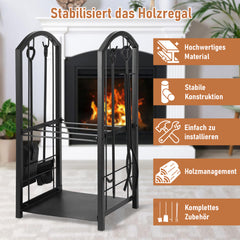 SWANEW kaminholzregal Innen und Aussen, mit Kaminbesteck, Metall Brennholzregal, Holzunterstand für Kaminholz, 37 x 33 x 74CM, Schwarz