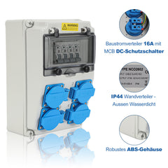 SWANEW Wandverteiler mit Leitungsschutzschalter, Baustromverteiler, 4xSchuko-Steckdose und CEE-Steckdose 16A, Stromverteiler, IP44