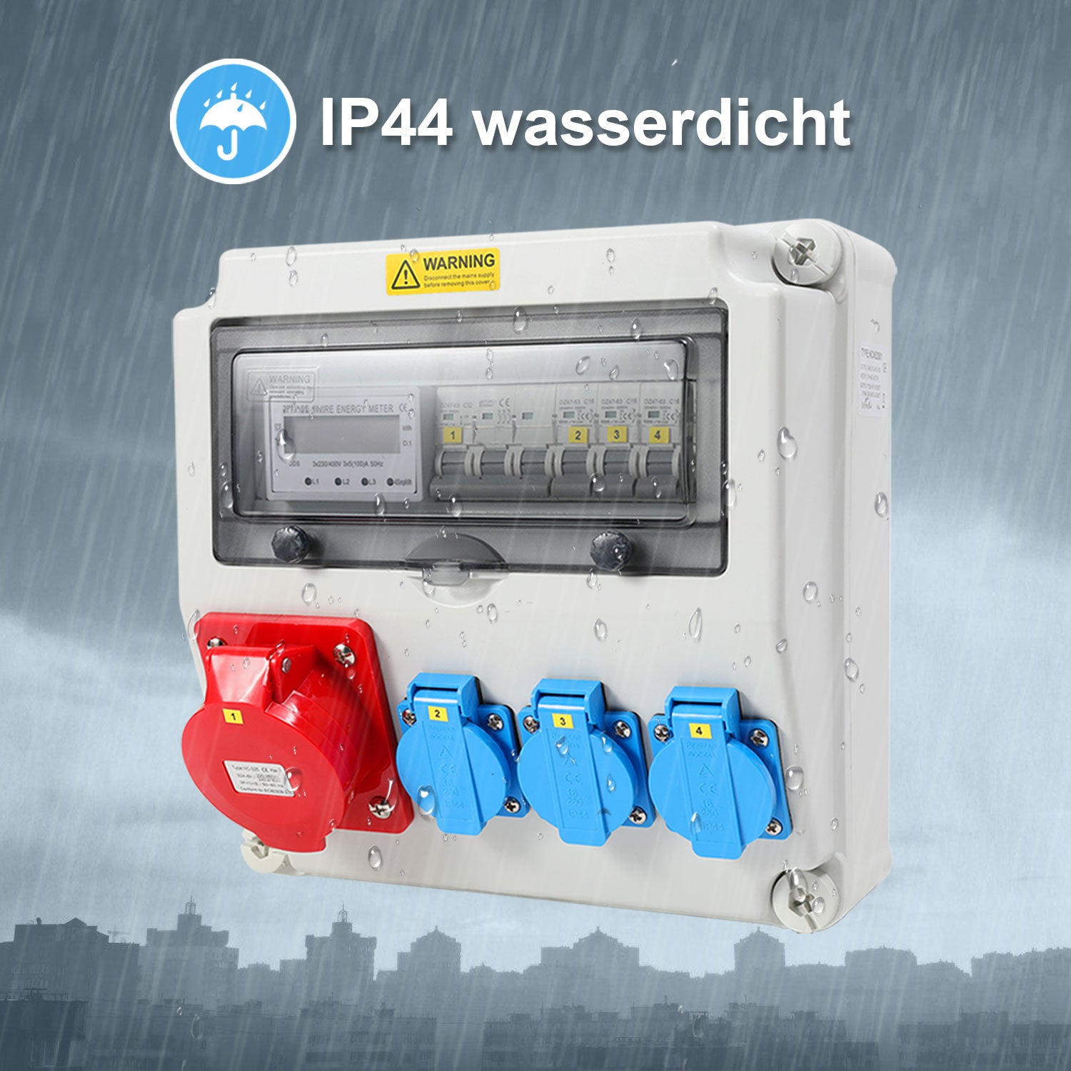 SWANEW Wandverteiler, Baustromverteiler 3x16A 230V, 1x CEE+32A 5 polig Steckdosen mit MCB Leitungsschutzschalter, 3-Phasen Stromverteiler IP44 Mit Sicherheitsklappdeckeln