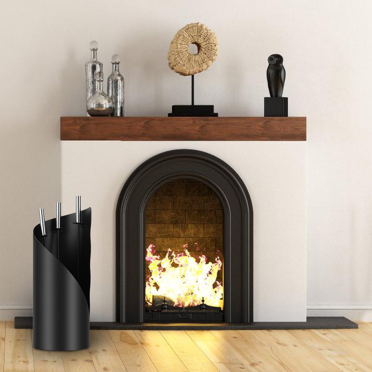 SWANEW Kaminbesteck Set 4 teilig Kaminzubehör mit Kaminaufbewahrung Kaminreinigungsset Kaminwerkzeuge Schwarz