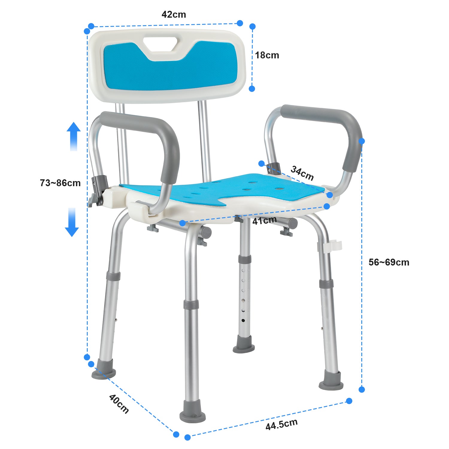 Duschstuhl mit abnehmbaren Armen und Rückenlehne