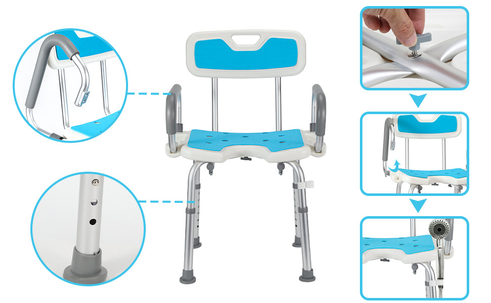 Duschstuhl mit abnehmbaren Armen und Rückenlehne
