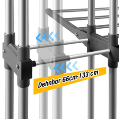 SWANEW Wäscheständer Turm,wäscheständer ausziehbar Länge 75-150cm, platzsparend, 4 Etagen mit 2 klappbaren Flügeln, 360°drehbare Rollen, Wäscheturm