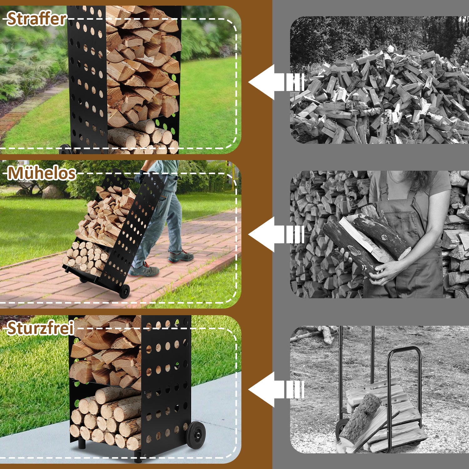 SWANEW Kaminholzwagen Brennholzwagen Kaminholzständer Trolley,Kaminzubehör Holzkarre 60kg, Mit Lochplatte, 42x35x112cm