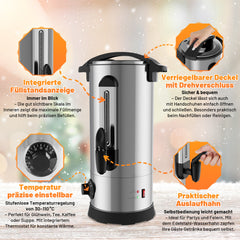 SWANEW Glühweinkocher 10L, 1500W Glühweinkessel, Heißgetränkeautomat, Glühweintopf Edelstahl, mit Füllstandsanzeige, mit 10 Tassen