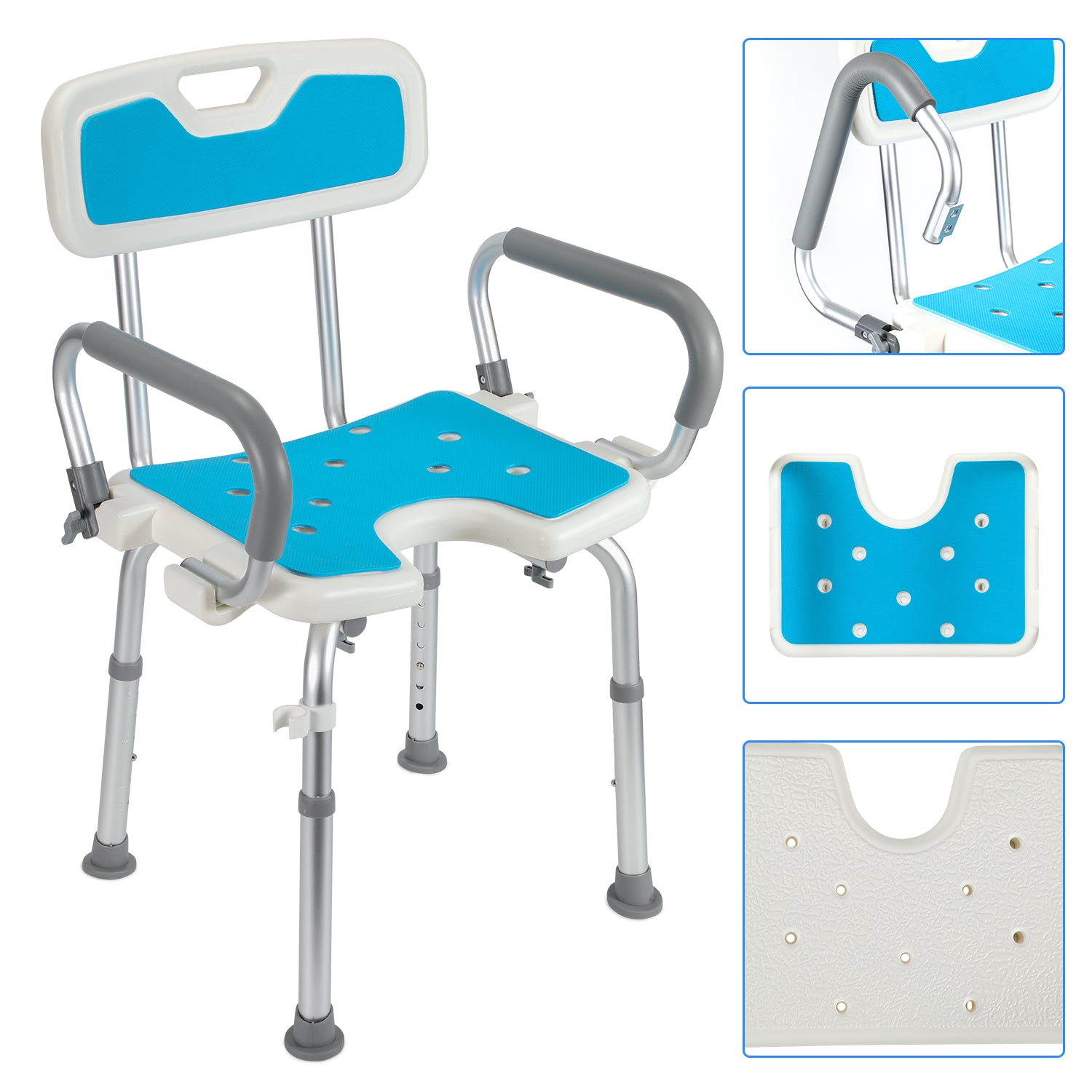 SWANEW Duschstuhl mit abnehmbaren Armen und Rückenlehne, Duschhocker für senioren, Duschsitz Höhenverstellbar 56-69cm, bis 136 kg belastbar