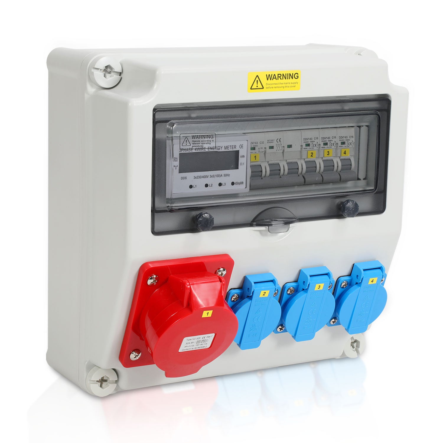 SWANEW Wandverteiler, Baustromverteiler 3x16A 230V, 1x CEE+32A 5 polig Steckdosen mit MCB Leitungsschutzschalter, 3-Phasen Stromverteiler IP44 Mit Sicherheitsklappdeckeln