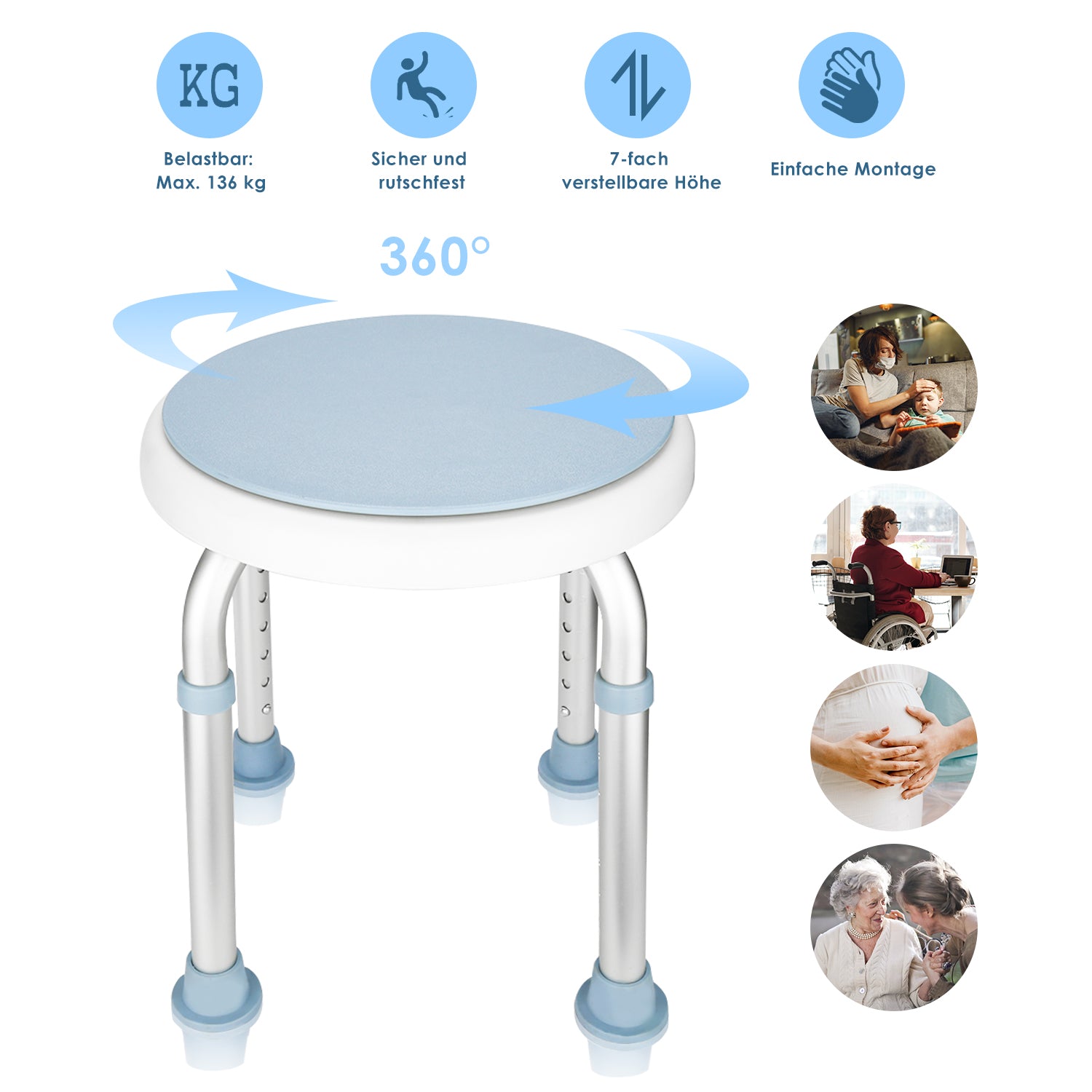Duschhocker für Senioren 360°Drehbarer Runder